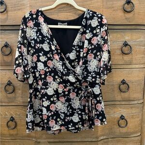 Pleione Black Floral Wrap Blouse